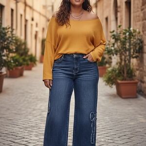 Trendy Blue Straight Leg Jeans with Bow Accents